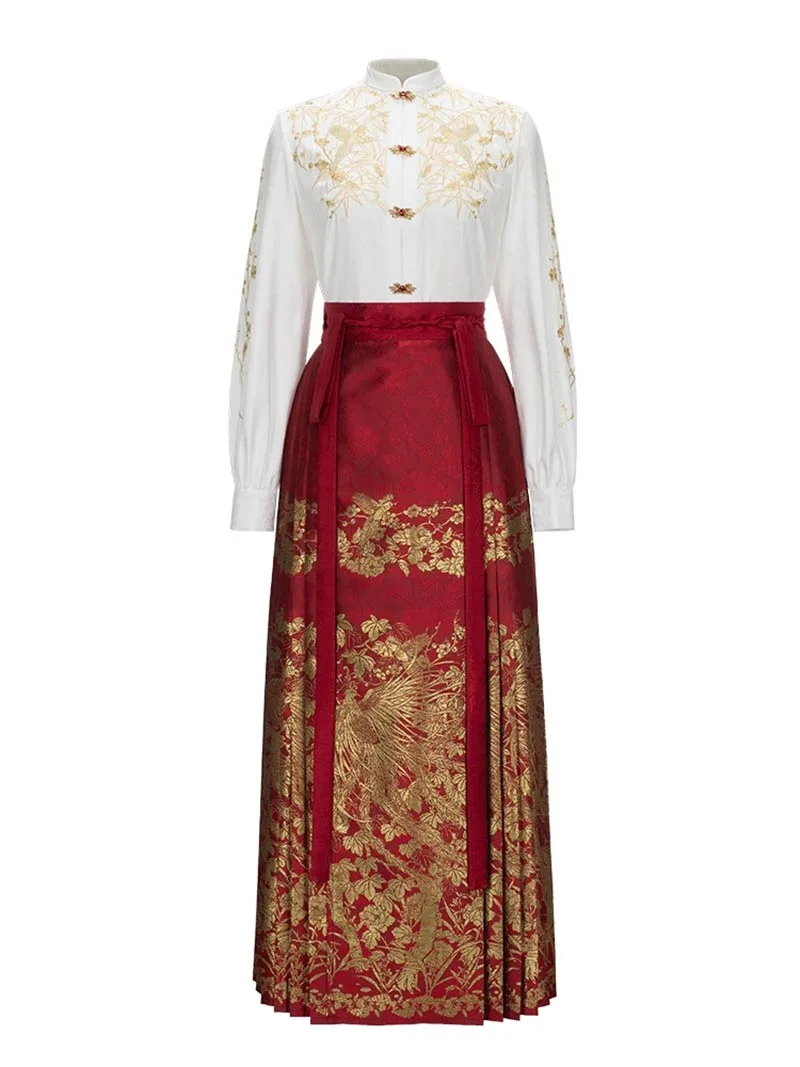 Red woven brocade mamian skirt with Ming-style cloud-shoulder hanfu, traditional Chinese festive dress for wedding toasts and New Year celebrations.