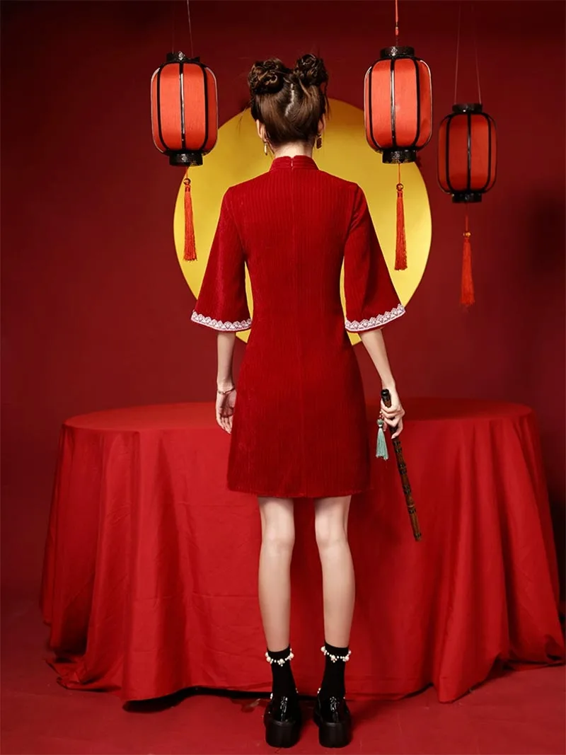 Red short qipao modern Chinese dress for New Year celebrations