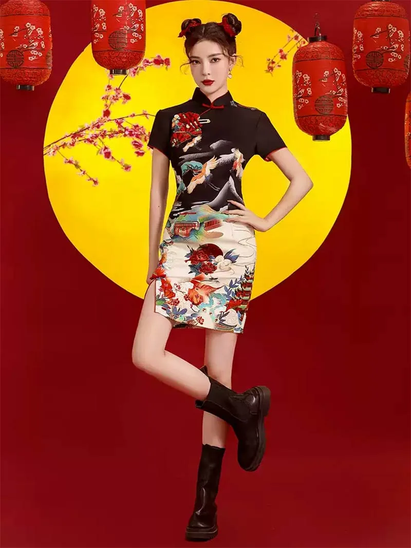 Elegant Black Qipao 2025 – Modern Short Chinese Dress