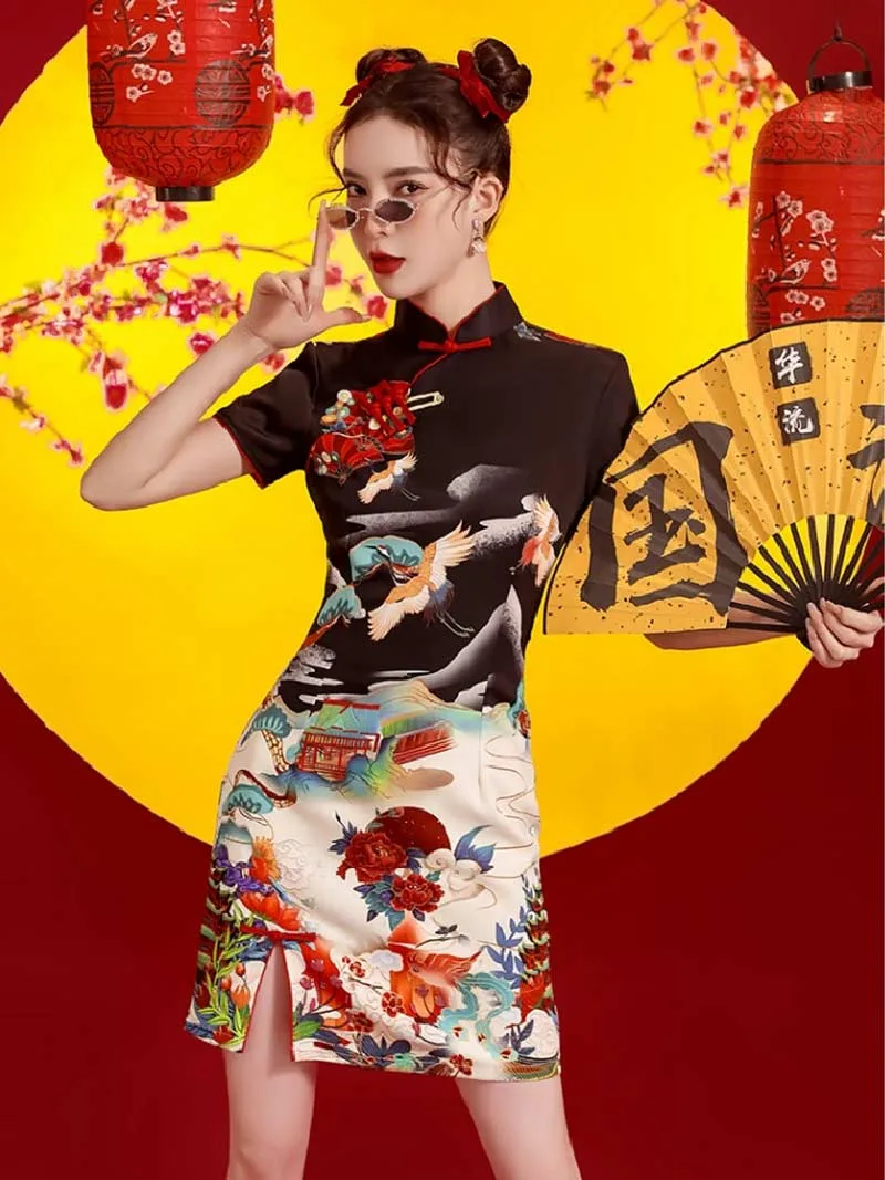 Elegant Black Qipao 2025 – Modern Short Chinese Dress
