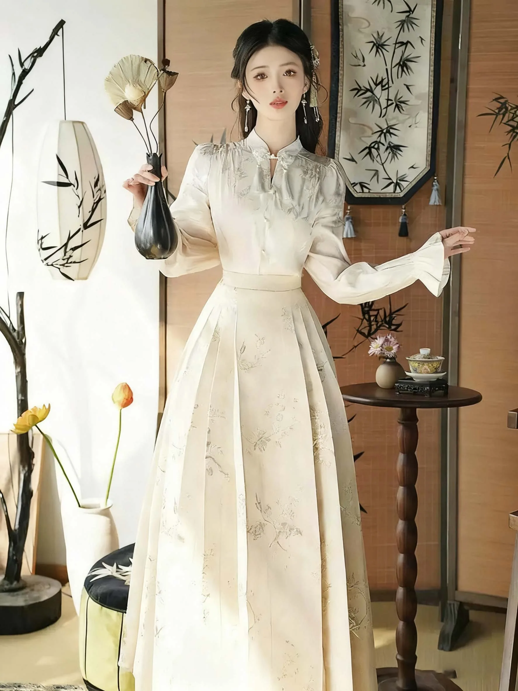 Chinese Mamian Skirt set, modern Ming-style Hanfu top and skirt for autumn daily wear