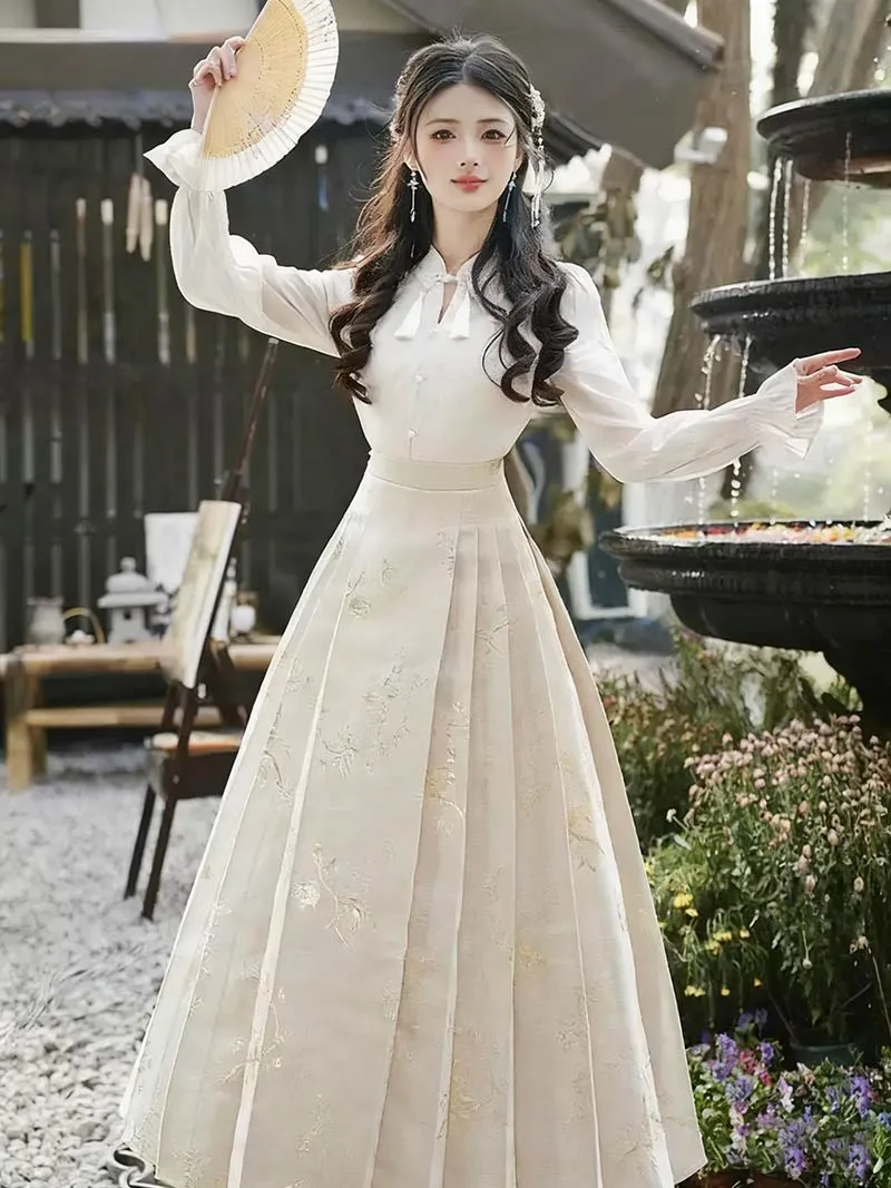 Chinese Mamian Skirt set, modern Ming-style Hanfu top and skirt for autumn daily wear