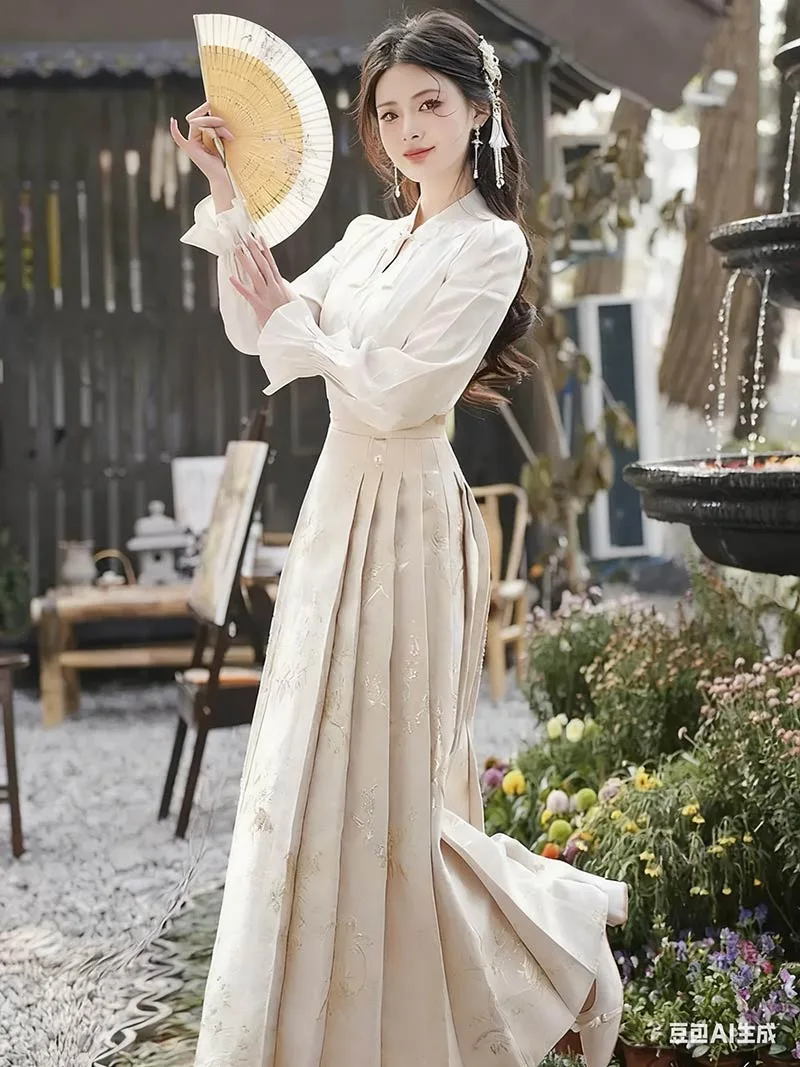 Chinese Mamian Skirt set, modern Ming-style Hanfu top and skirt for autumn daily wear