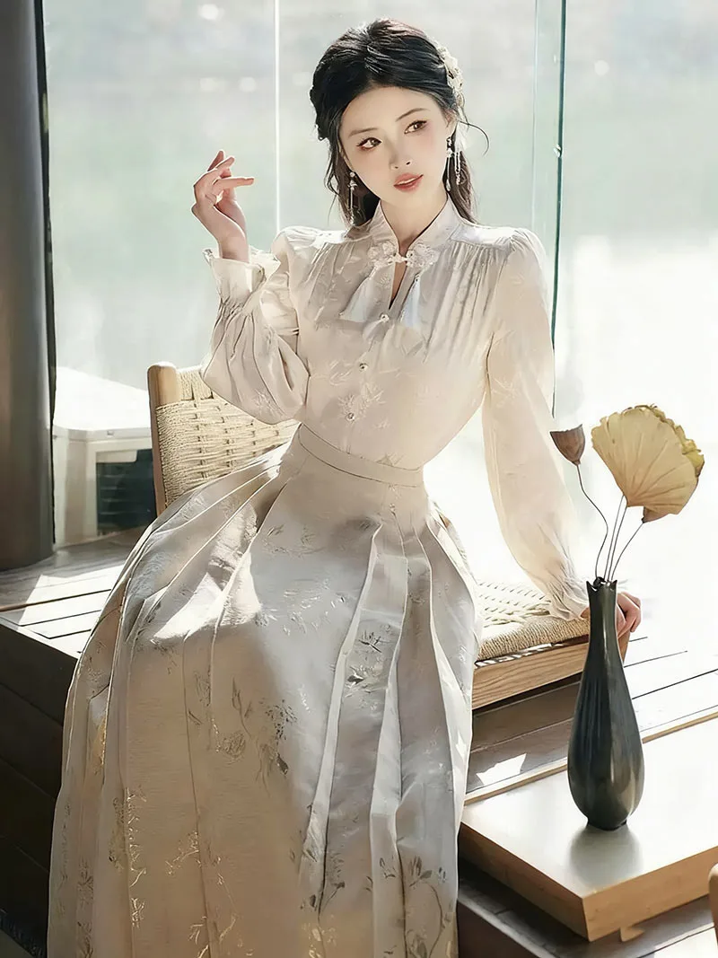 Chinese Mamian Skirt set, modern Ming-style Hanfu top and skirt for autumn daily wear