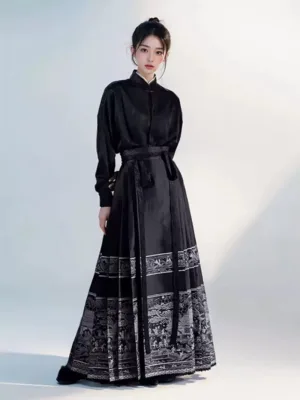 Mamian Skirt two-piece set, modern Ming-style black Hanfu for spring and plus-size womena
