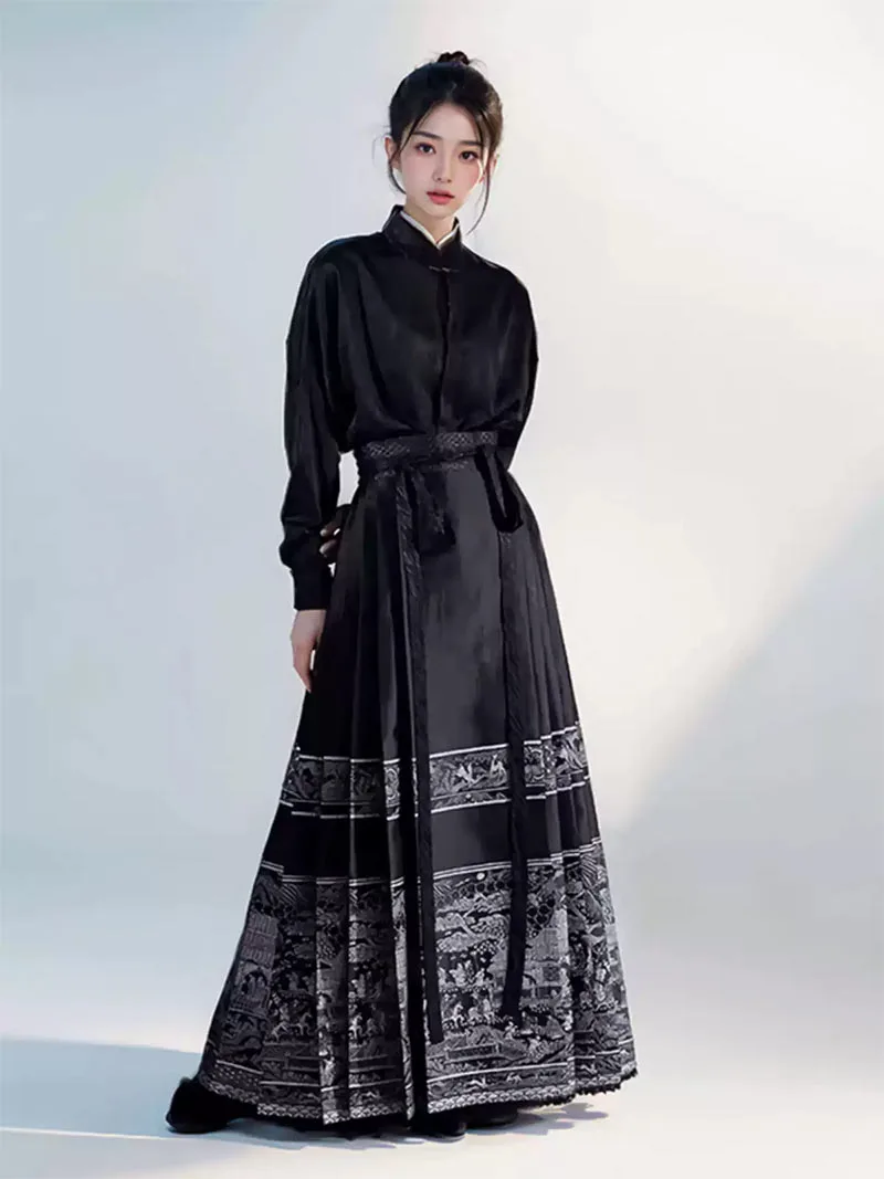 Mamian Skirt two-piece set, modern Ming-style black Hanfu for spring and plus-size women