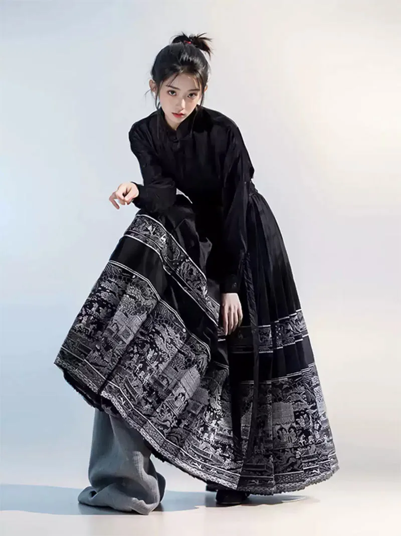 Mamian Skirt two-piece set, modern Ming-style black Hanfu for spring and plus-size women