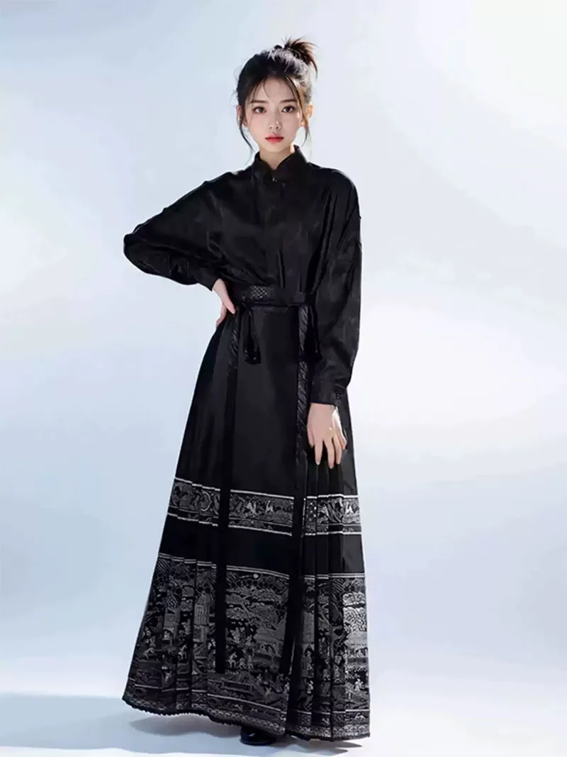 Mamian Skirt two-piece set, modern Ming-style black Hanfu for spring and plus-size women