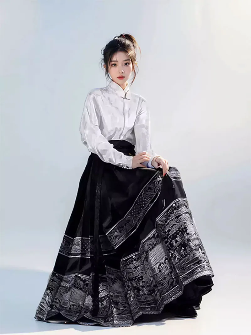 Mamian Skirt two-piece set, modern Ming-style black Hanfu for spring and plus-size women