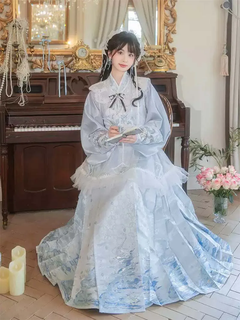 Mamian Skirt Hanfu set with cross-collar Pipa sleeves and overlay skirt, perfect for spring and summer
