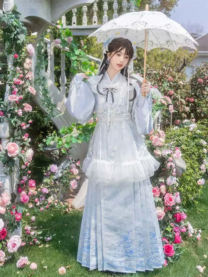 Mamian Skirt Hanfu set with cross-collar Pipa sleeves and overlay skirt, perfect for spring and summer