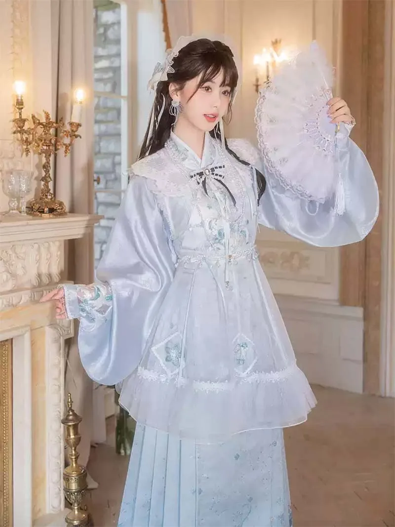 Mamian Skirt Hanfu set with cross-collar Pipa sleeves and overlay skirt, perfect for spring and summer