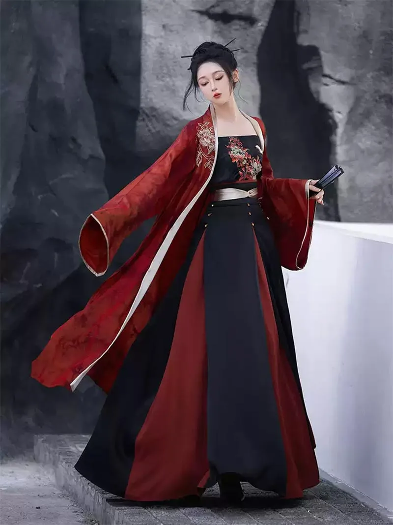 Red and black modern Hanfu straight-sleeve robe with four-panel three-piece skirt, Song-style, cool and slimming