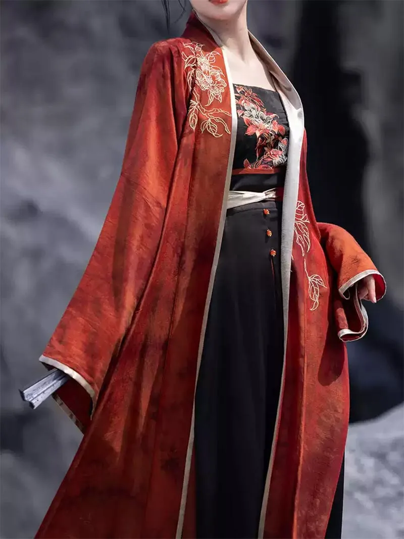 Red and black modern Hanfu straight-sleeve robe with four-panel three-piece skirt, Song-style, cool and slimming