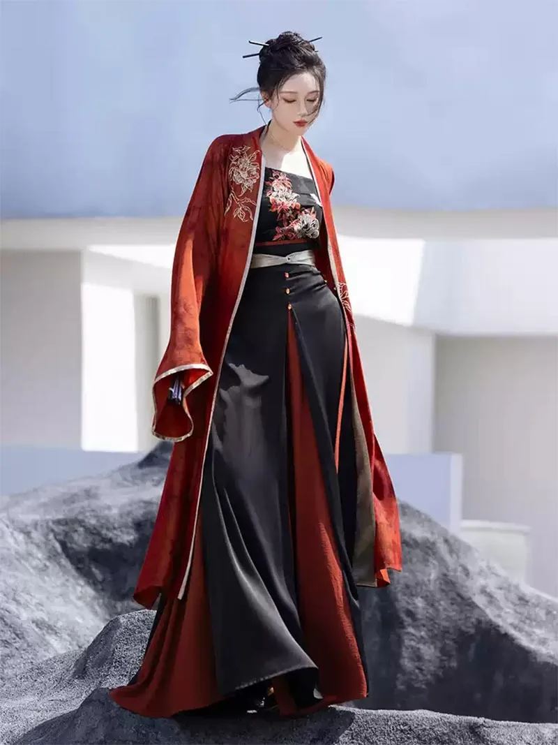 Red and black modern Hanfu straight-sleeve robe with four-panel three-piece skirt, Song-style, cool and slimming