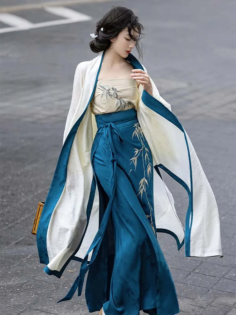 Bamboo-themed modern Hanfu dress, Song-style three-piece set with embroidered Tencel fabric, elegant and daily wear