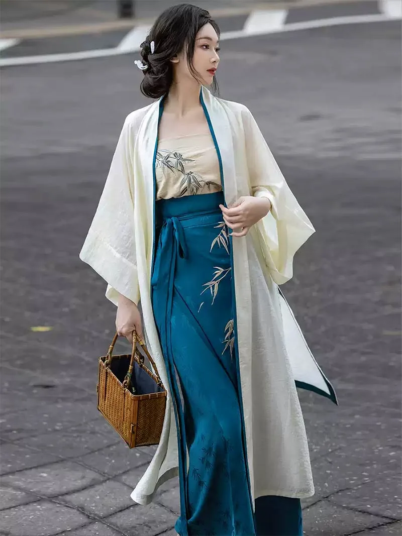 Bamboo-themed modern Hanfu dress, Song-style three-piece set with embroidered Tencel fabric, elegant and daily wear
