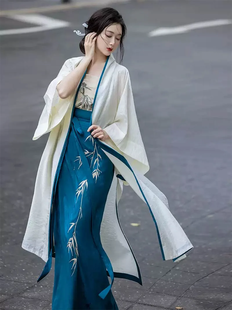 Bamboo-themed modern Hanfu dress, Song-style three-piece set with embroidered Tencel fabric, elegant and daily wear