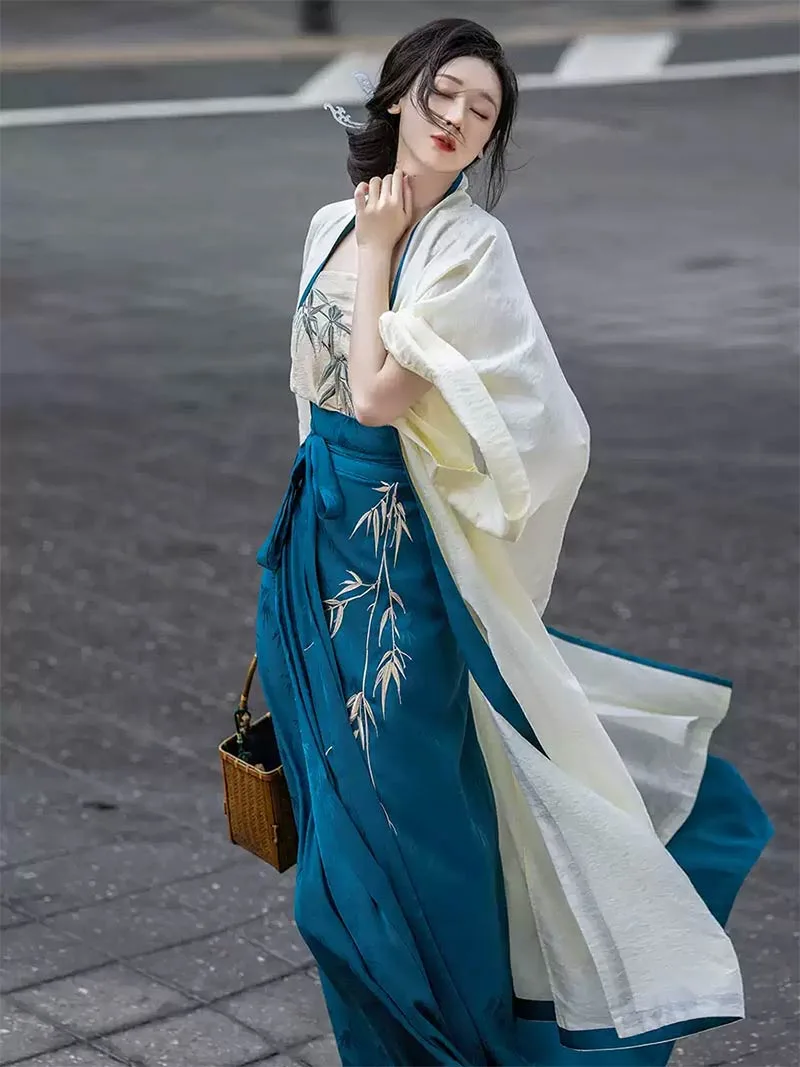 Bamboo-themed modern Hanfu dress, Song-style three-piece set with embroidered Tencel fabric, elegant and daily wear