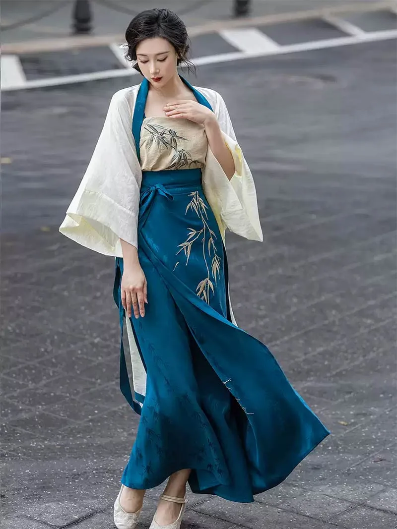 Bamboo-themed modern Hanfu dress, Song-style three-piece set with embroidered Tencel fabric, elegant and daily wear