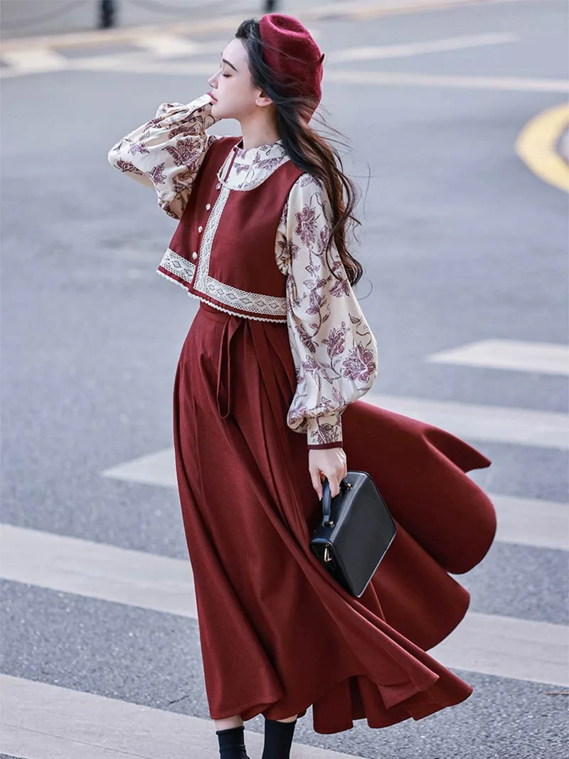 Modern Hanfu Fashion 2025 vintage wine-red vest and pleated skirt for women