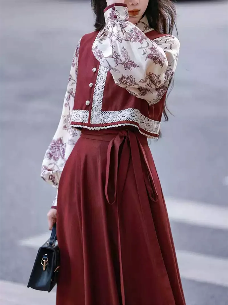 Modern Hanfu Fashion 2025 vintage wine-red vest and pleated skirt for women