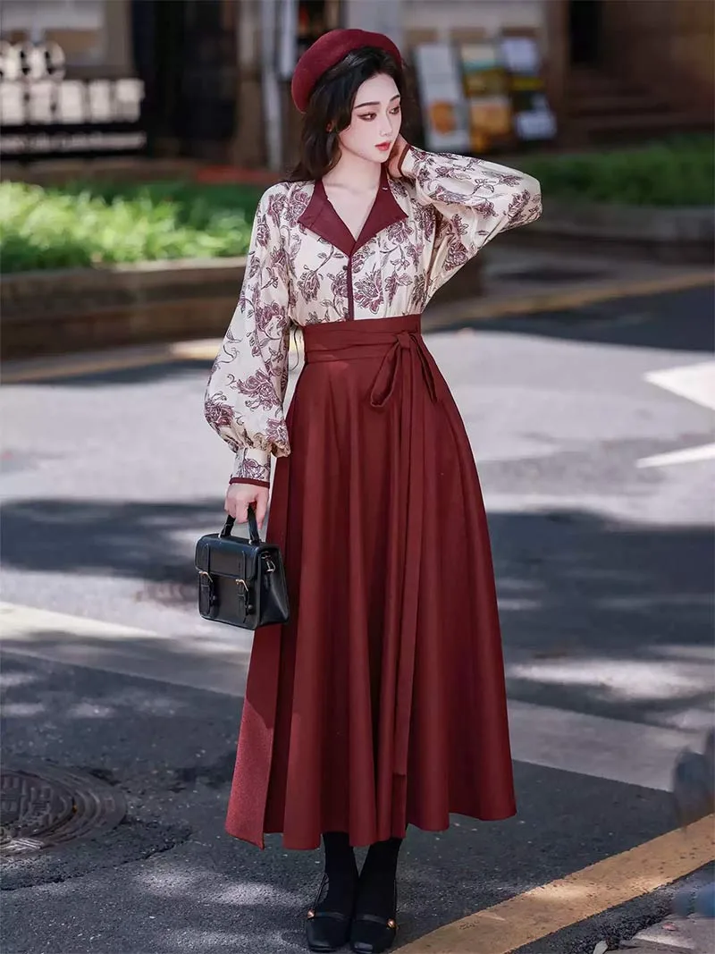 Modern Hanfu Fashion 2025 vintage wine-red vest and pleated skirt for women