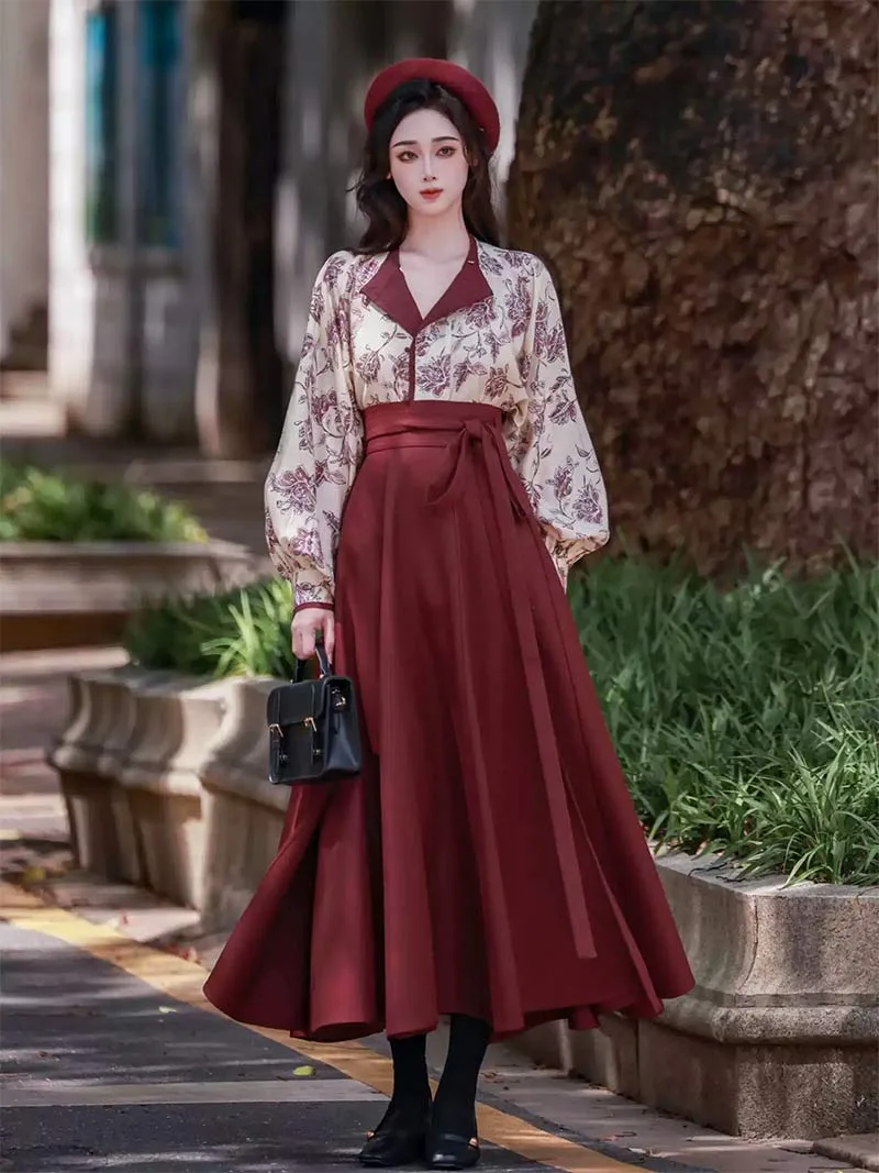 Modern Hanfu Fashion 2025 vintage wine-red vest and pleated skirt for women