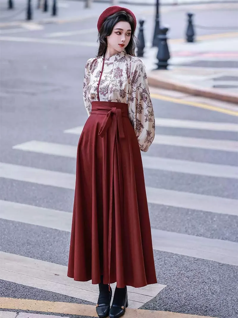 Modern Hanfu Fashion 2025 vintage wine-red vest and pleated skirt for women