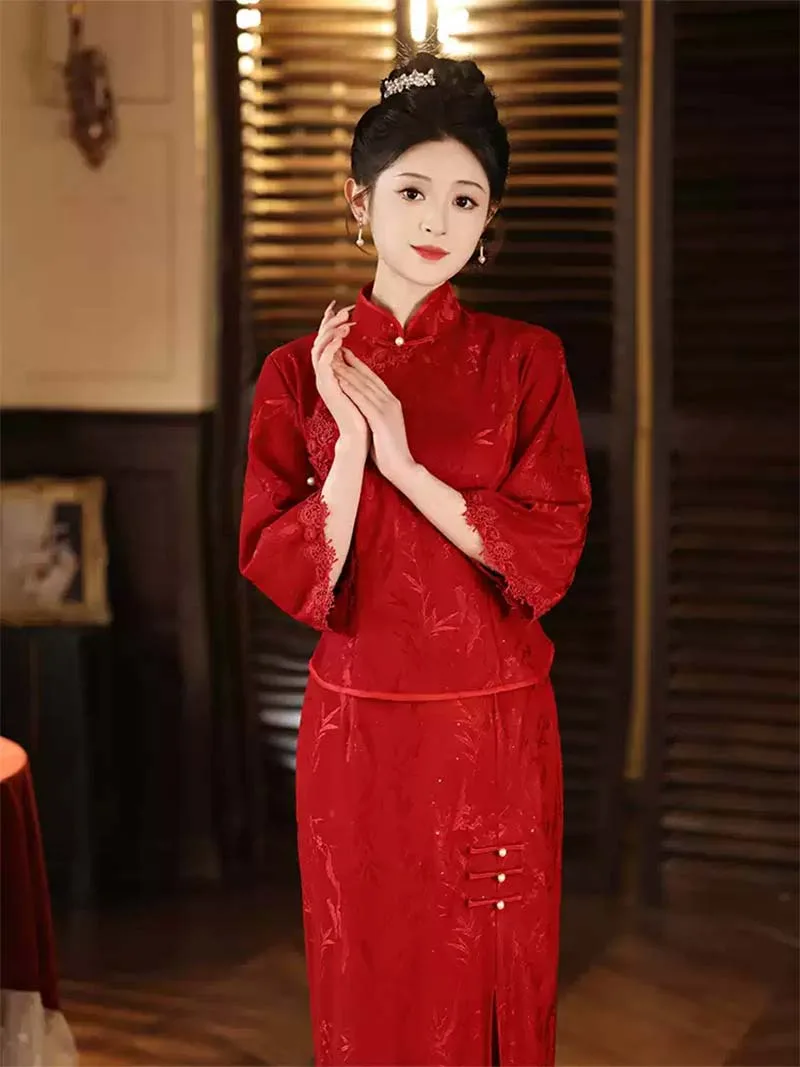 Modern wedding Qipao red dress set, long-sleeve cheongsam bridal gown for autumn and winter engagement, tea ceremony, and wedding celebrations