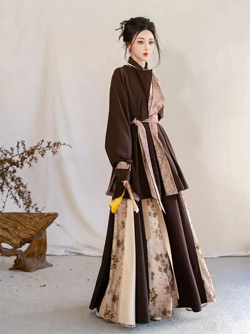 Modernized Hanfu reversible Tang-style round collar robe in Maillard tones with stand collar, chic daily winter wear