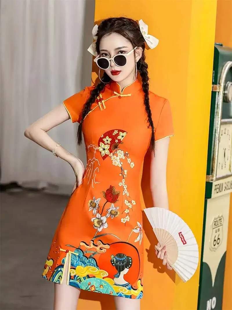 Stunning Orange Qipao 2025 – Modern Short Chinese Dress