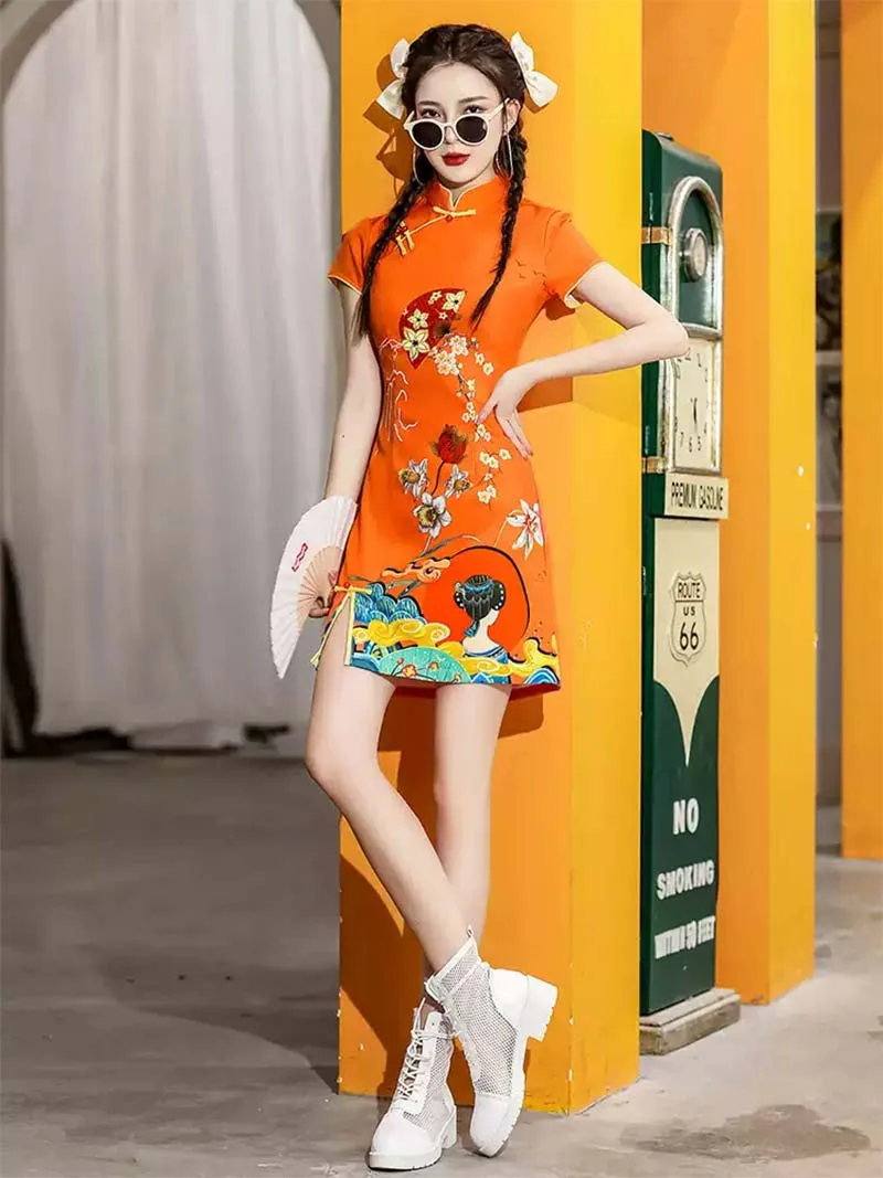 Stunning Orange Qipao 2025 – Modern Short Chinese Dress