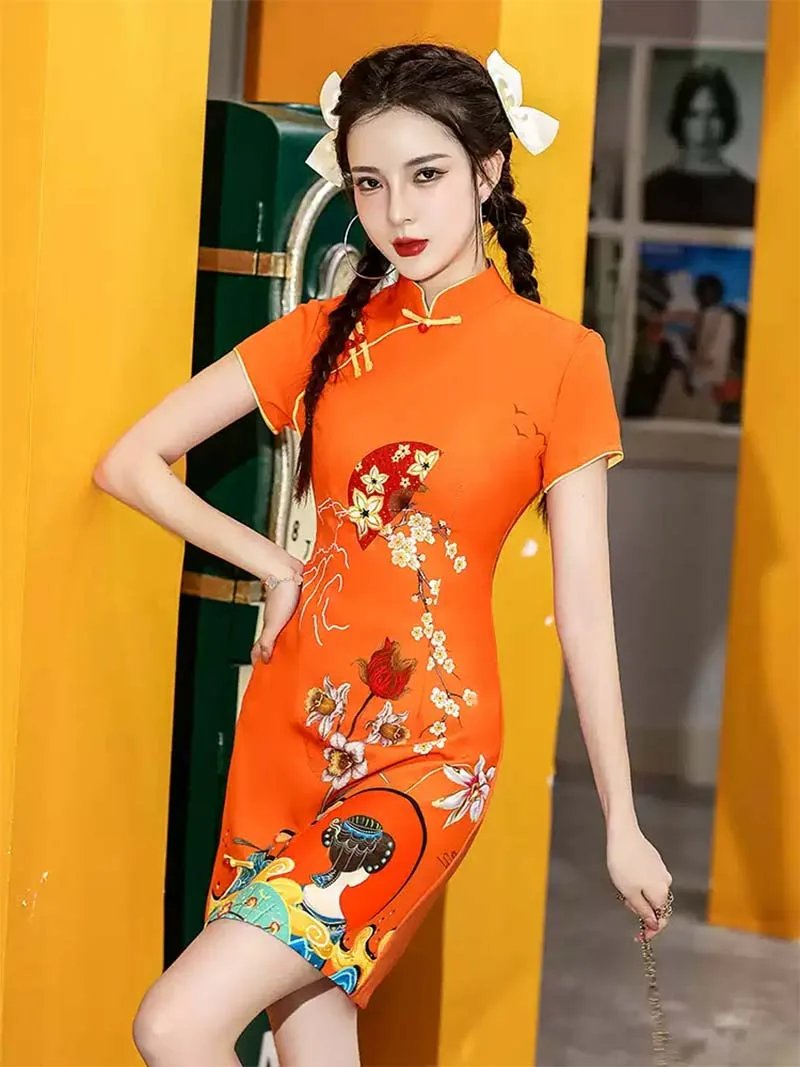 Stunning Orange Qipao 2025 – Modern Short Chinese Dress