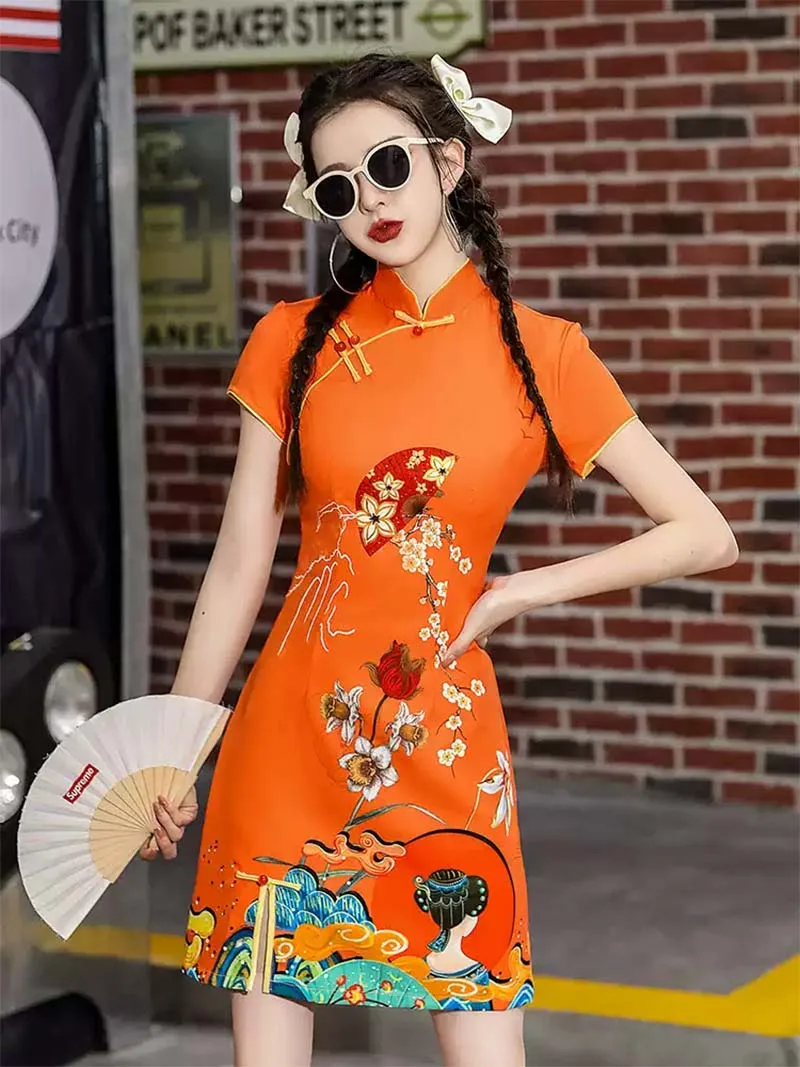 Stunning Orange Qipao 2025 – Modern Short Chinese Dress