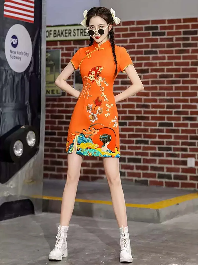 Stunning Orange Qipao 2025 – Modern Short Chinese Dress