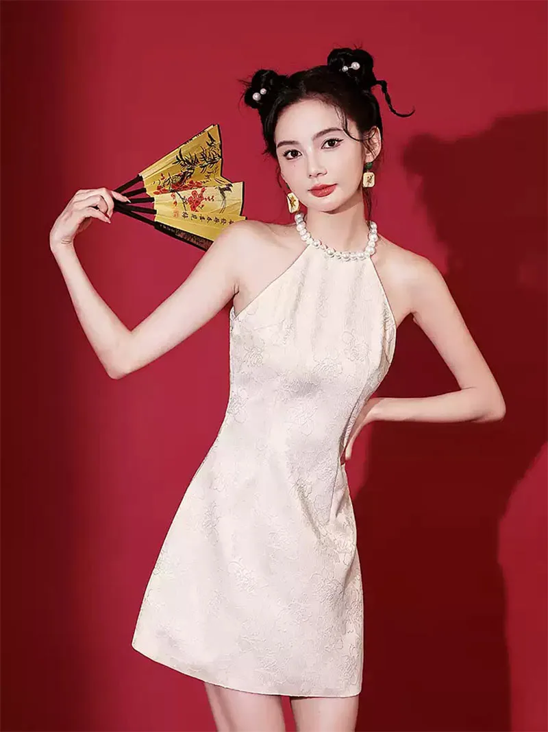 Elegant Qipao Dress Modern white halter design, short Chinese dress for women