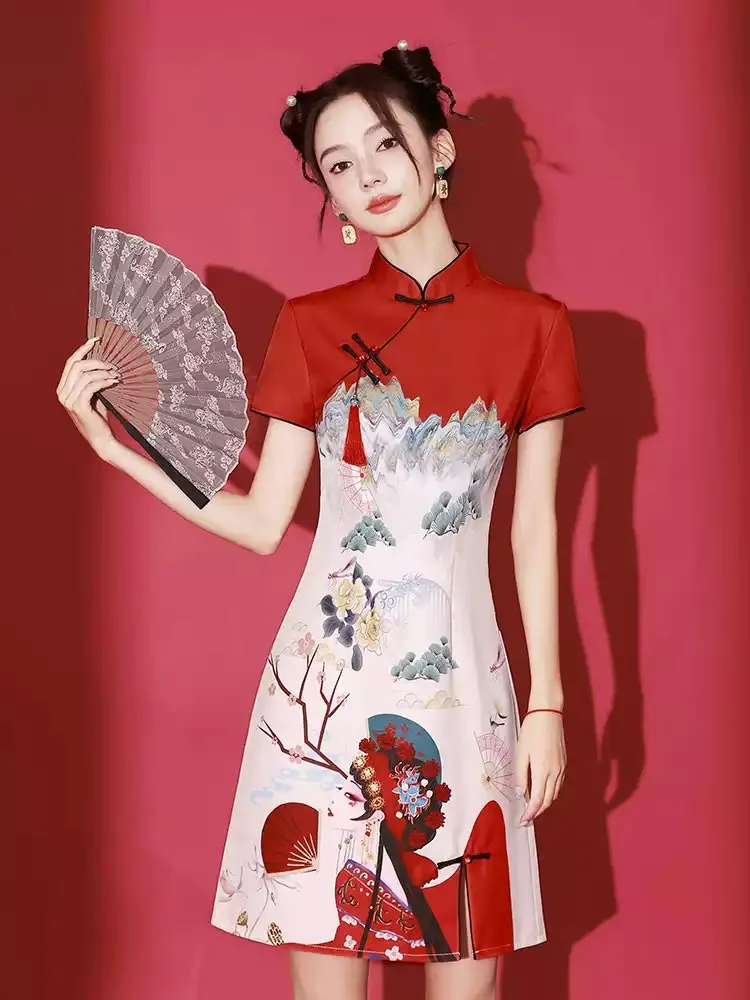 Stunning Qipao Modern 2025 Short Red Chinese Dress for Women