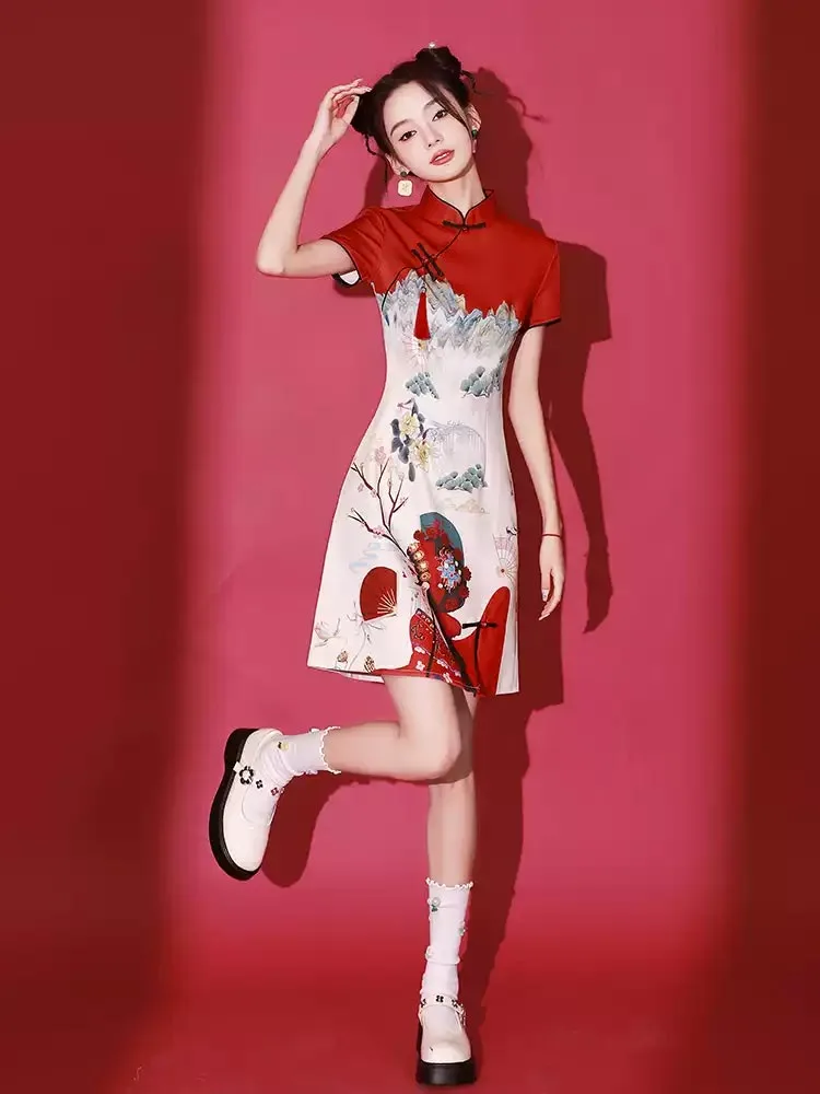 Stunning Qipao Modern 2025 Short Red Chinese Dress for Women