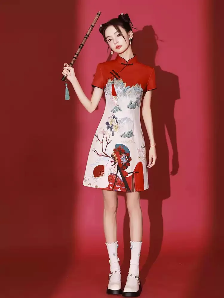 Stunning Qipao Modern 2025 Short Red Chinese Dress for Women