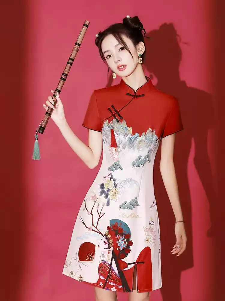 Stunning Qipao Modern 2025 Short Red Chinese Dress for Women