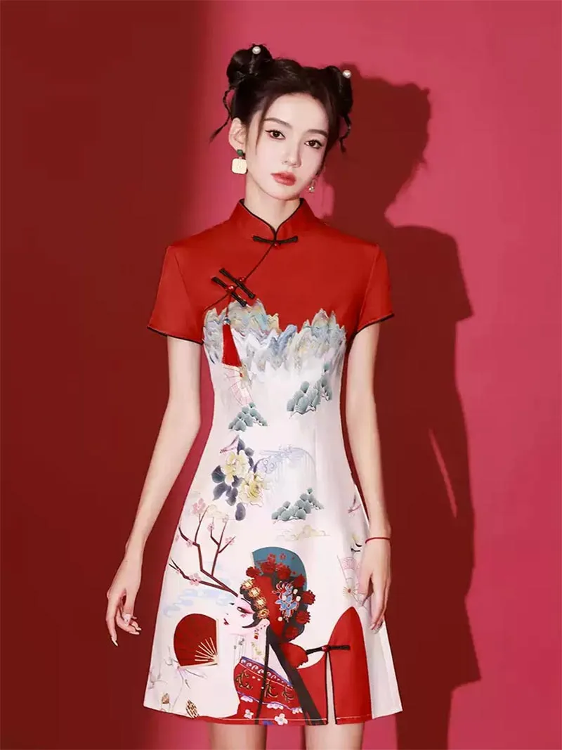 Stunning Qipao Modern 2025 Short Red Chinese Dress for Women