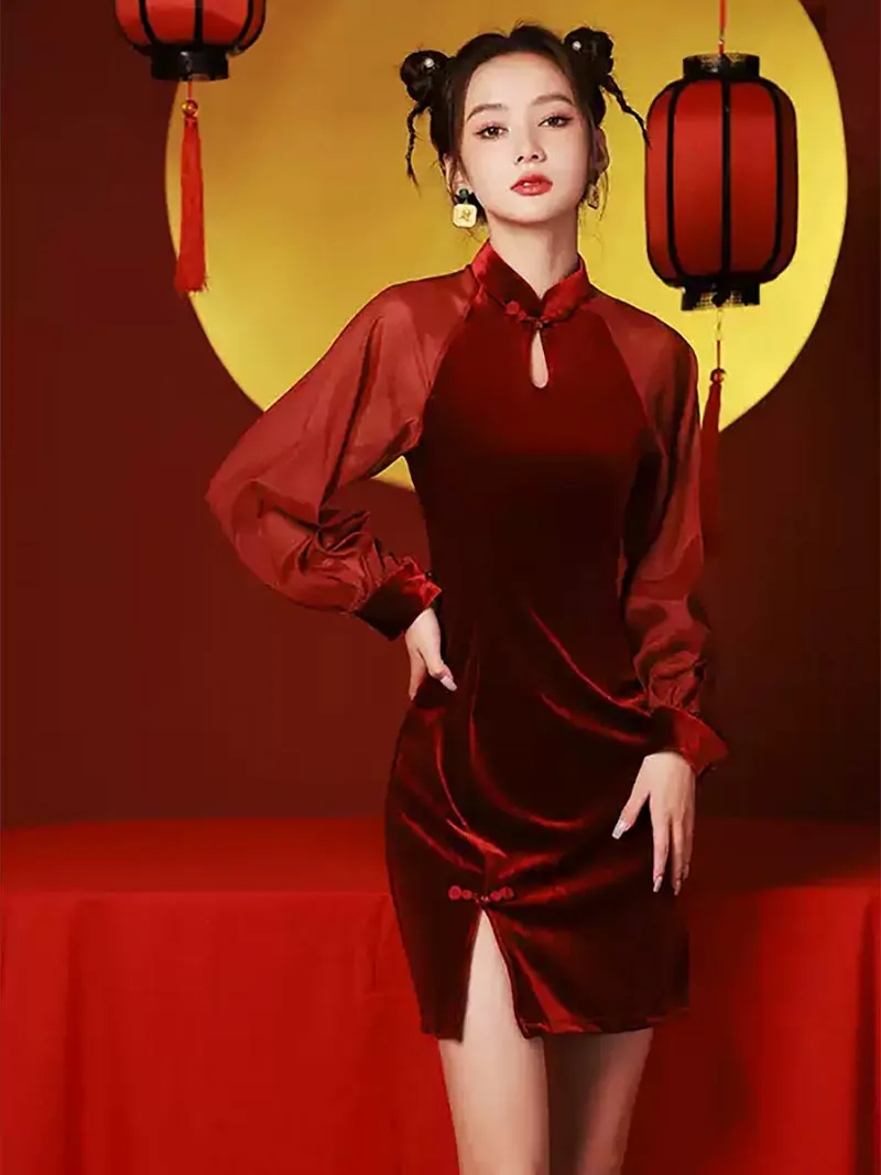Elegant Qipao Red Dress 2025, long sleeve Chinese outfit for women