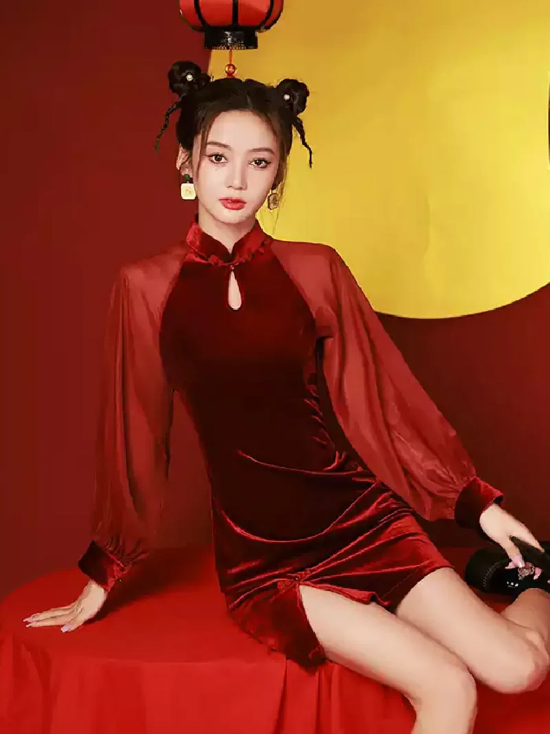 Elegant Qipao Red Dress 2025, long sleeve Chinese outfit for women