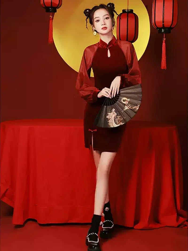 Elegant Qipao Red Dress 2025, long sleeve Chinese outfit for women