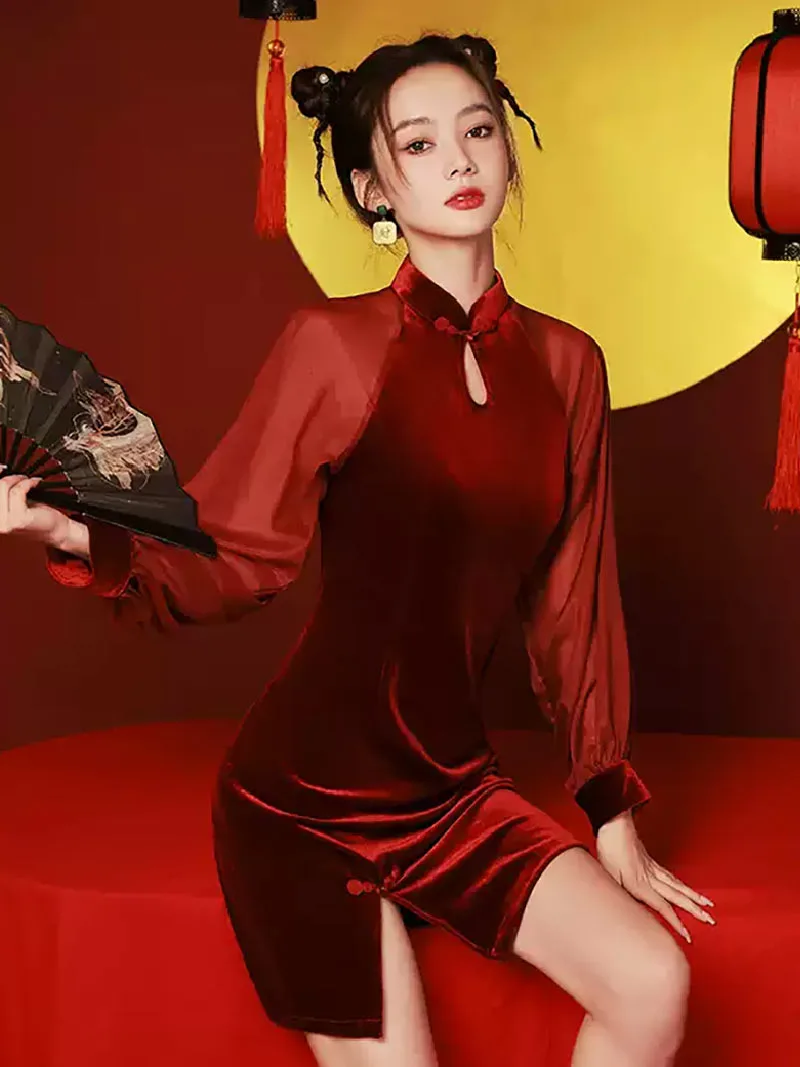 Elegant Qipao Red Dress 2025, long sleeve Chinese outfit for women