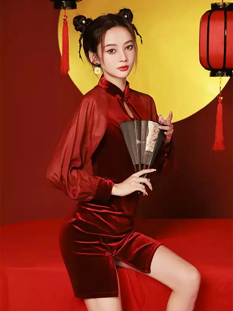 Elegant Qipao Red Dress 2025, long sleeve Chinese outfit for women