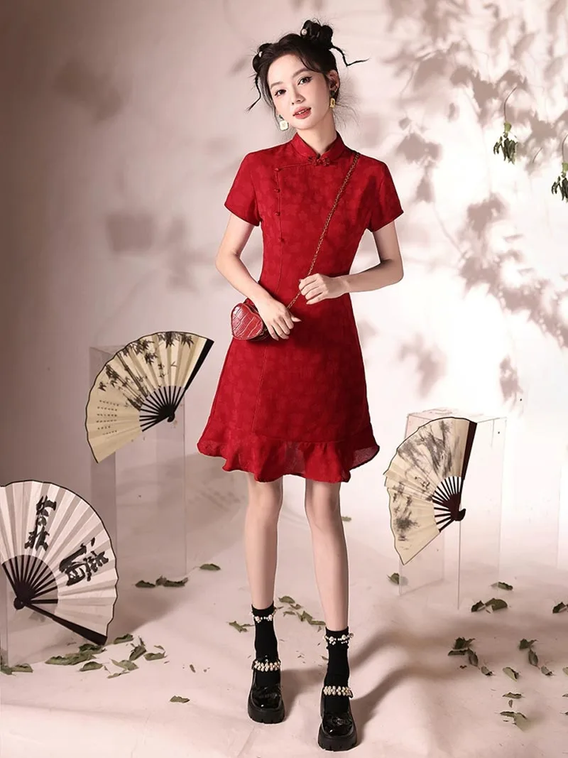 2025 red qipao dress short mermaid style for weddings and engagements