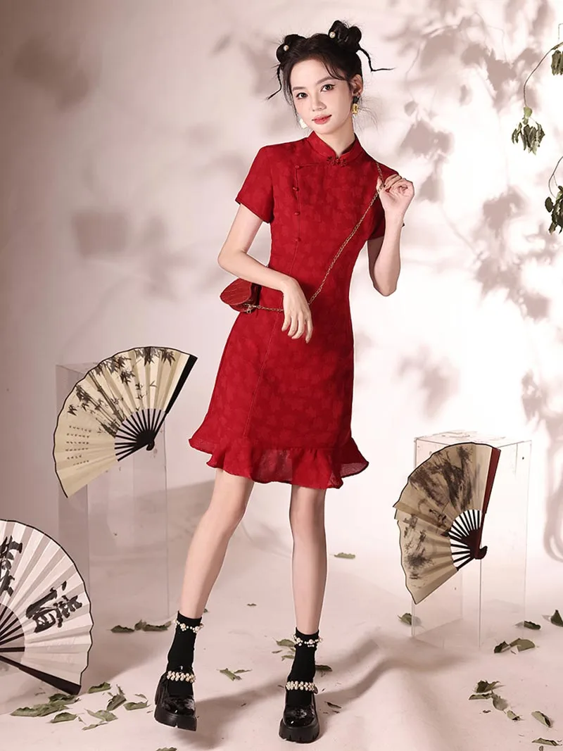 2025 red qipao dress short mermaid style for weddings and engagements