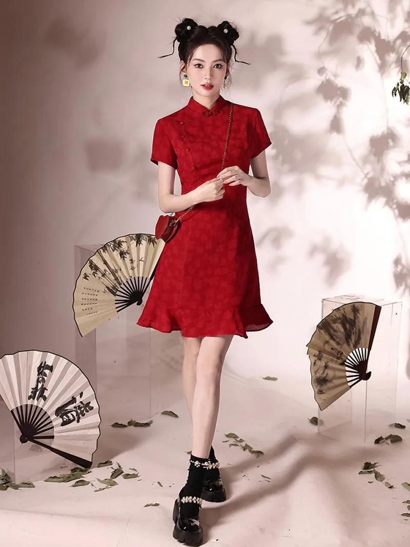 2025 red qipao dress short mermaid style for weddings and engagements
